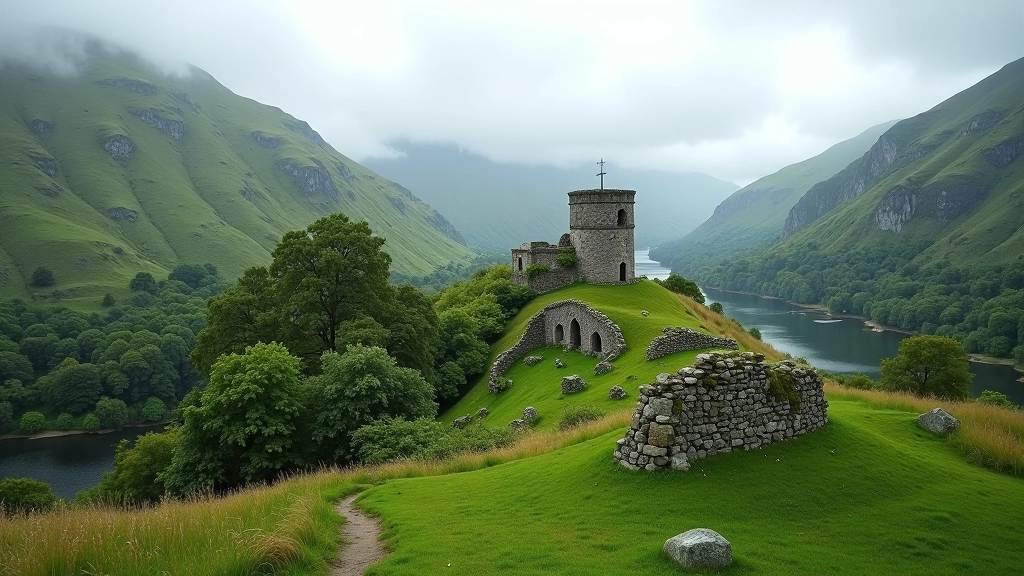 Ancient round tower and monastic ruins at Glendalough rising above green valley