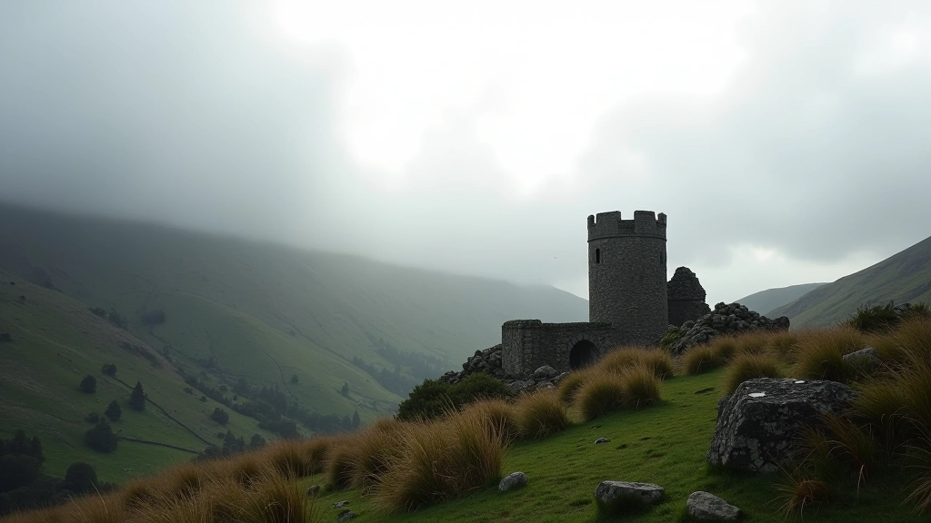 Ancient round tower and monastic ruins silhouetted against cloudy Glendalough valley landscape