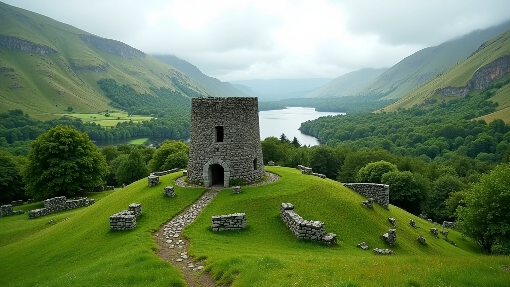 Ancient round tower standing among green Irish countryside with stone ruins, historic monastic settlement at Glendalough
