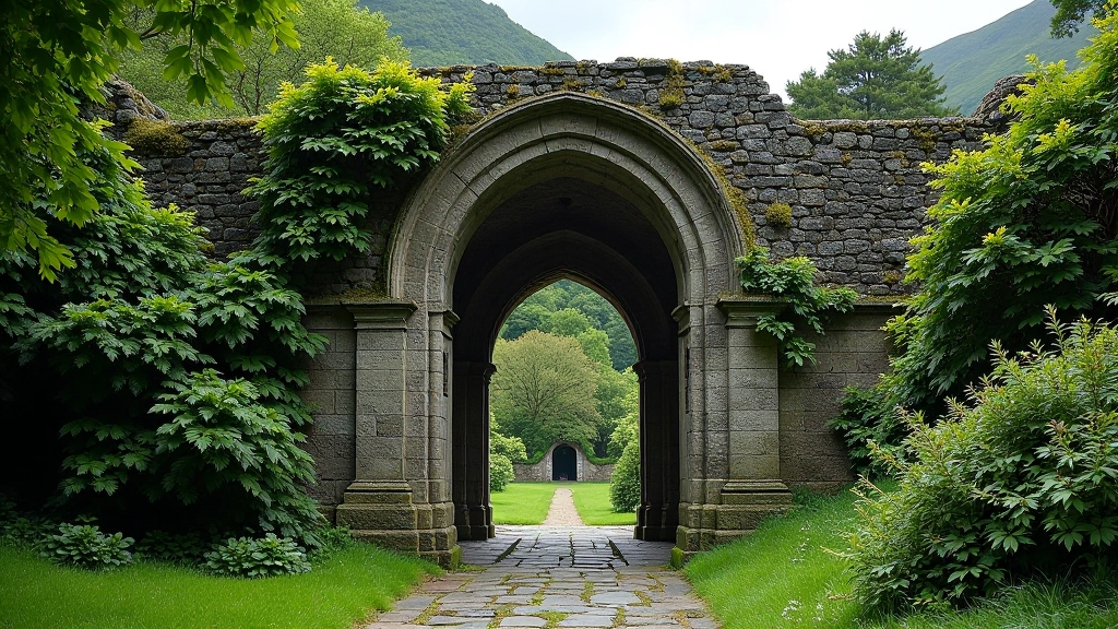 Close-up of ancient stone archway entrance to monastic ruins with weathered walls and overgrown ivy at Glendalough