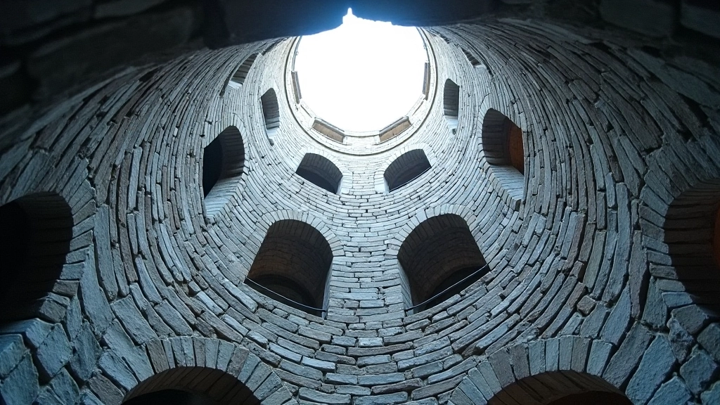 Interior view looking upward through multiple levels of ancient round tower showing stone arches and window openings