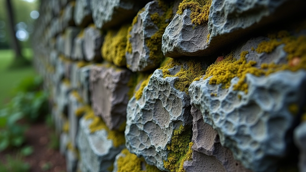 Close-up detail of ancient stone monastic wall with lichen growth
