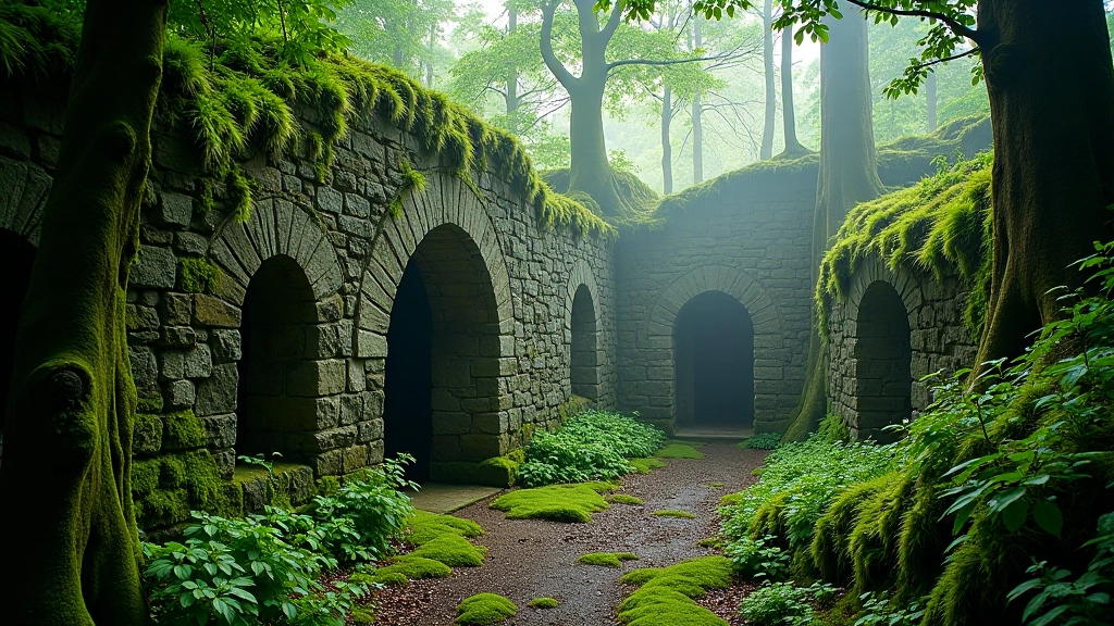 Moss-covered stone walls from 19th century mining operations surrounded by dense green forest canopy