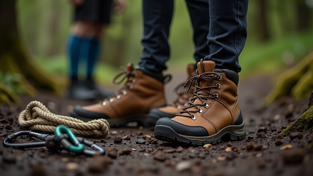 Various hiking boot types and walking shoes on outdoor surface, muddy terrain, detail shot, hiking socks, laces visible