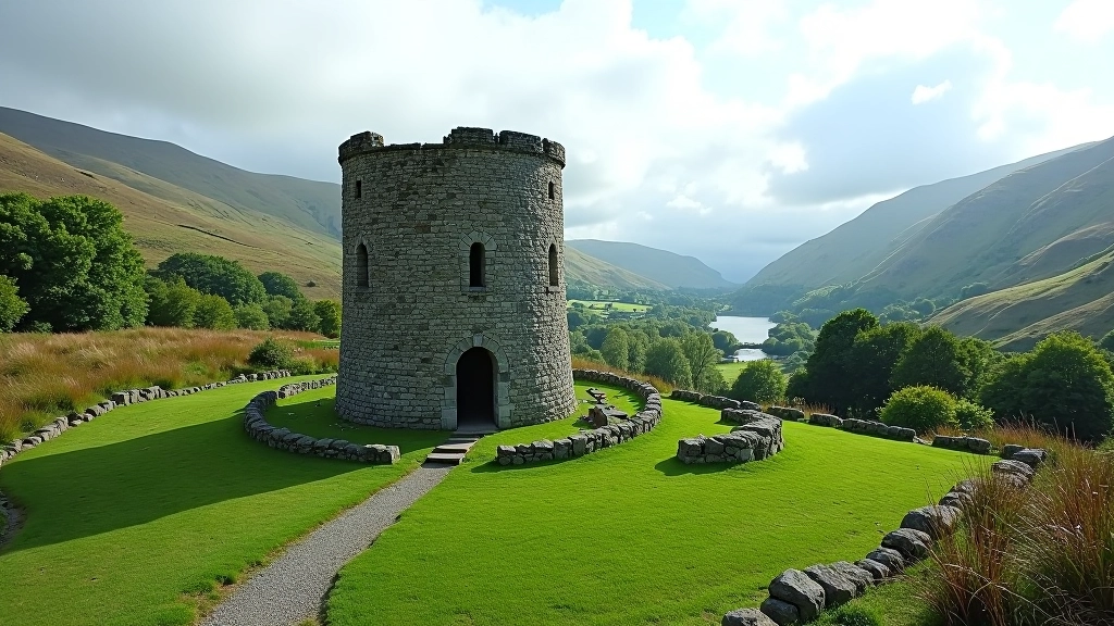 Wide landscape view of complete round tower in valley surrounded by monastic ruins, trees, and Irish countryside hills