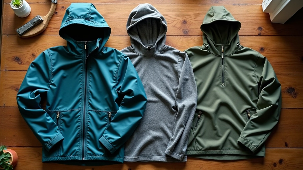Layered clothing on wooden table, waterproof jacket, fleece, thermal layers, moisture-wicking shirt, folded neat