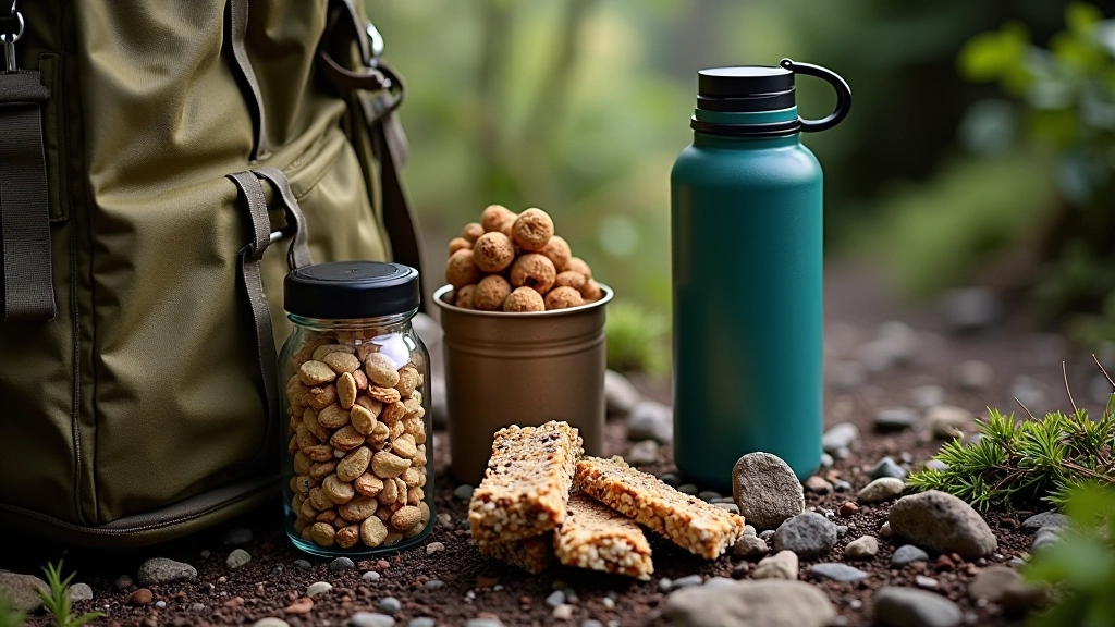 Water bottle and energy snacks on hiking trail, trail mix, energy bars, granola, backpack detail, outdoor daylight