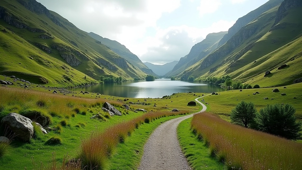 Gentle walking path through valley with water features and green slopes at Glendalough Upper Lake