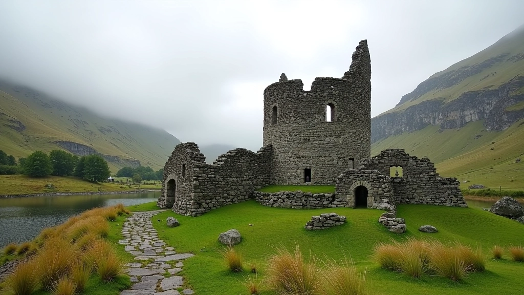 Glendalough Round Tower, ancient monastic ruins, stone tower, valley setting