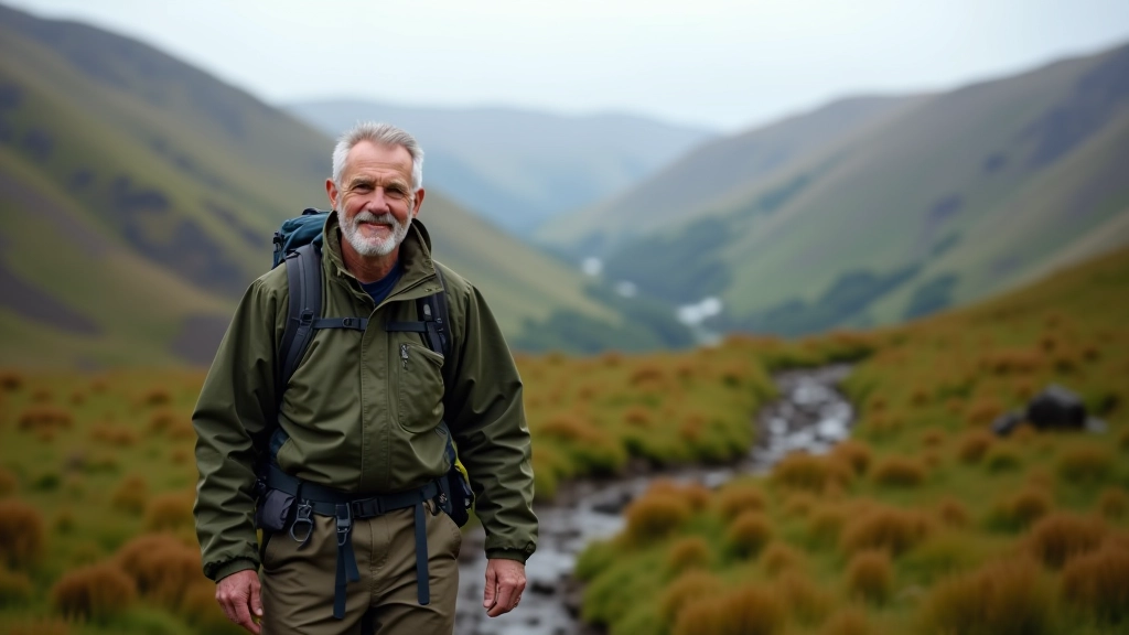 Hiker with backpack standing on mountain trail overlooking Wicklow valley landscape with forest and distant hills