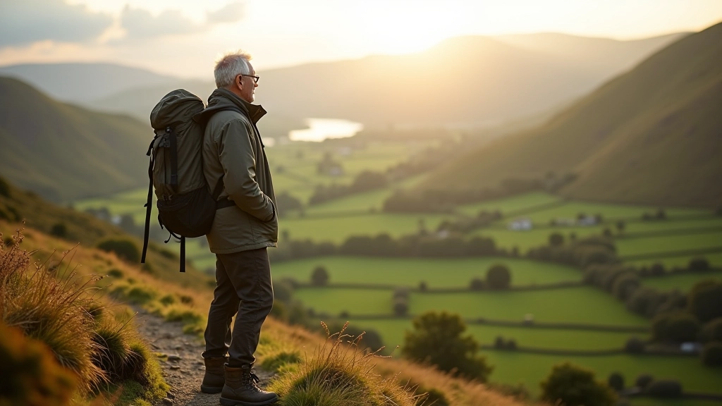 Hiker wearing proper gear on mountain trail, waterproof jacket, hiking boots, backpack, valley below, afternoon light