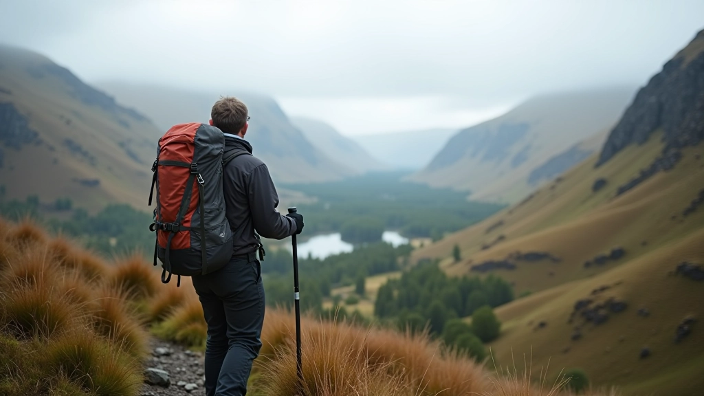 Hiker with proper gear on mountain trail overlooking Wicklow valley during changeable weather conditions