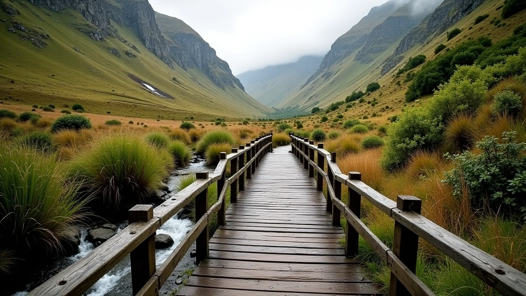 Well-maintained hiking trail with wooden footbridge crossing mountain stream, verdant valley landscape, clear path markers