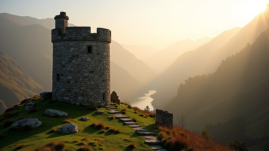 Ancient stone round tower ruins at Glendalough with mountain valley backdrop