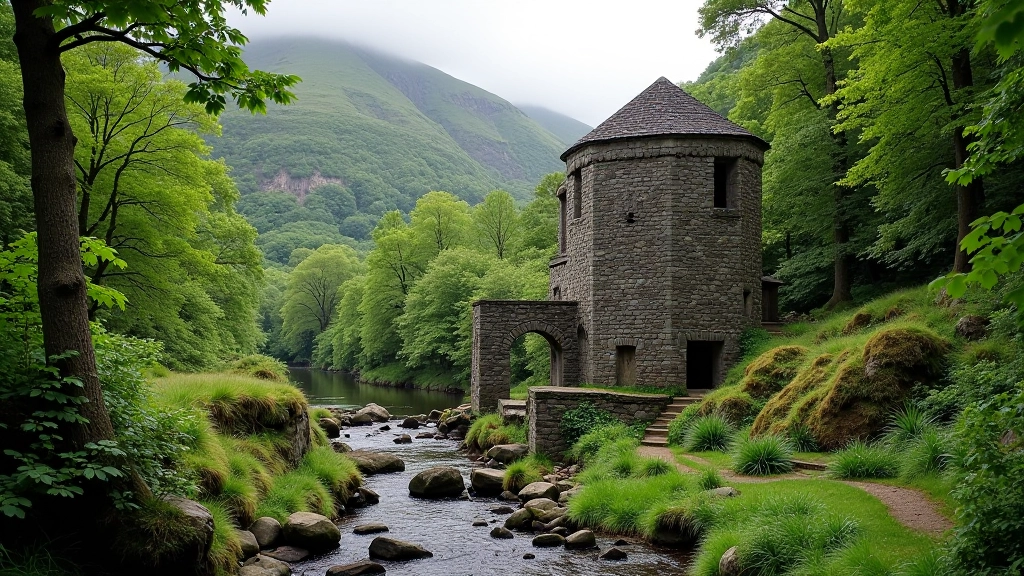 Historic stone ruins and remnants of industrial mining structures integrated with natural woodland landscape