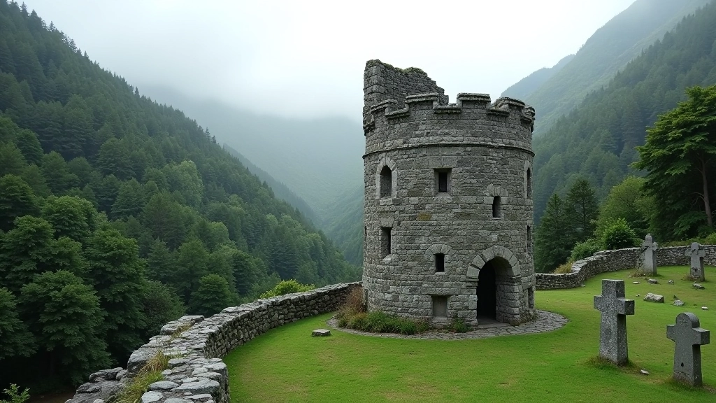 Historic round tower rising above stone ruins and Celtic crosses in misty valley landscape with forested hillsides