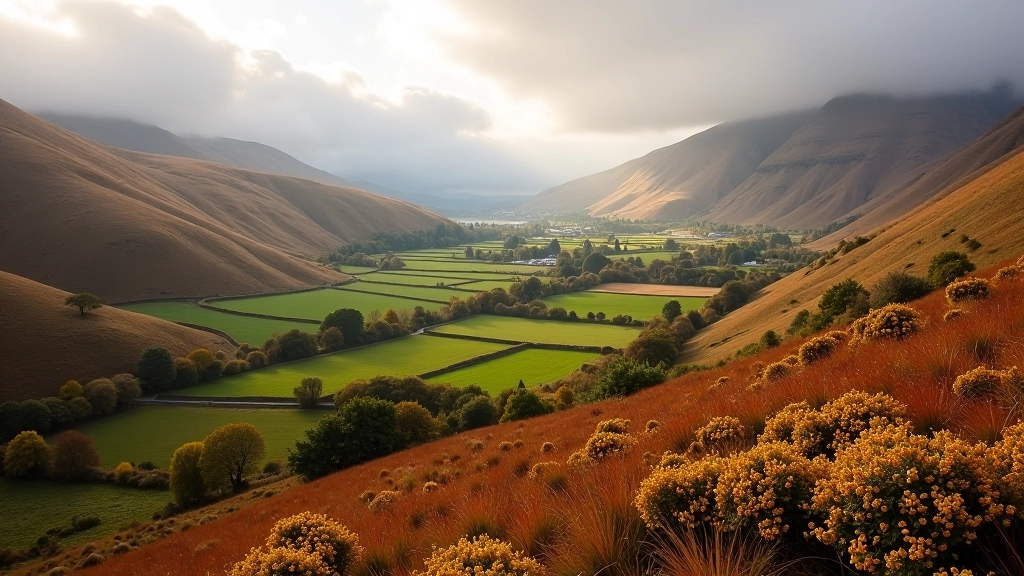 Seasonal Wicklow landscape, spring flowers on hillside, or autumn colors in valley, seasonal contrast, weather changing