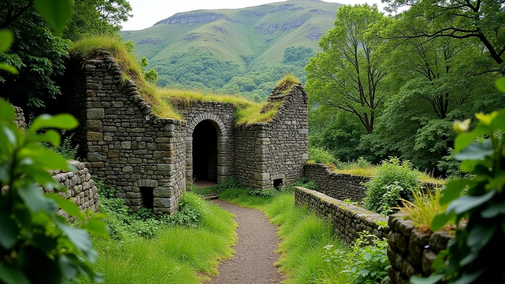 Historic miners village ruins among overgrown vegetation and natural woodland