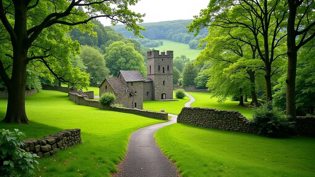 Miners Village Trail winding through verdant Wicklow landscape with historic stone ruins nestled among trees