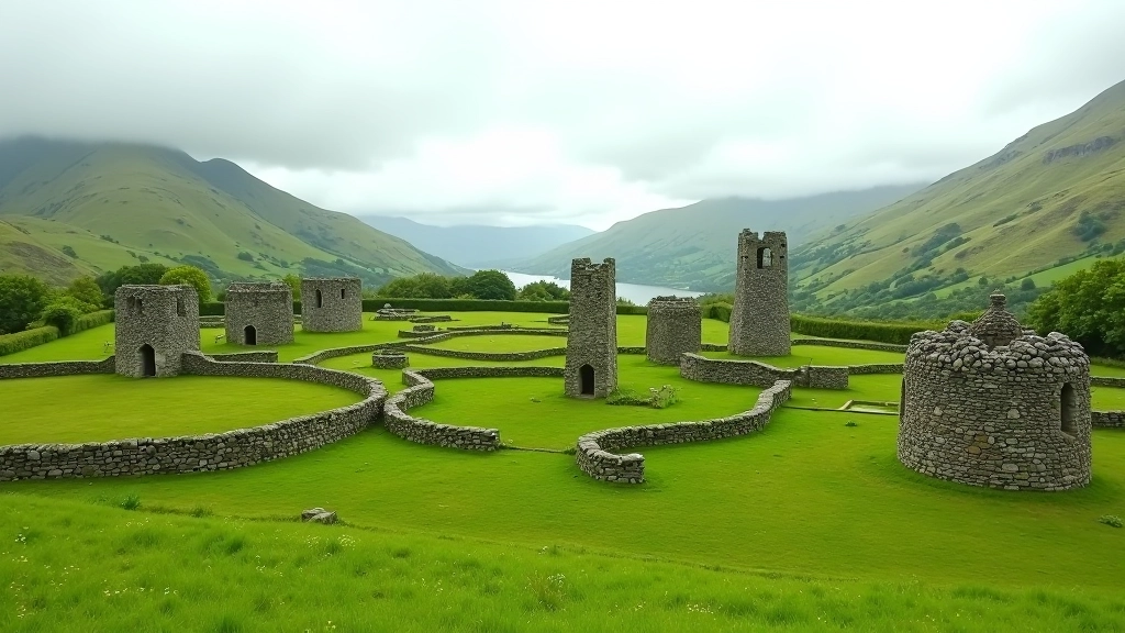 Multiple ancient round towers visible across landscape showing Irish monastic site with ruins of stone structures