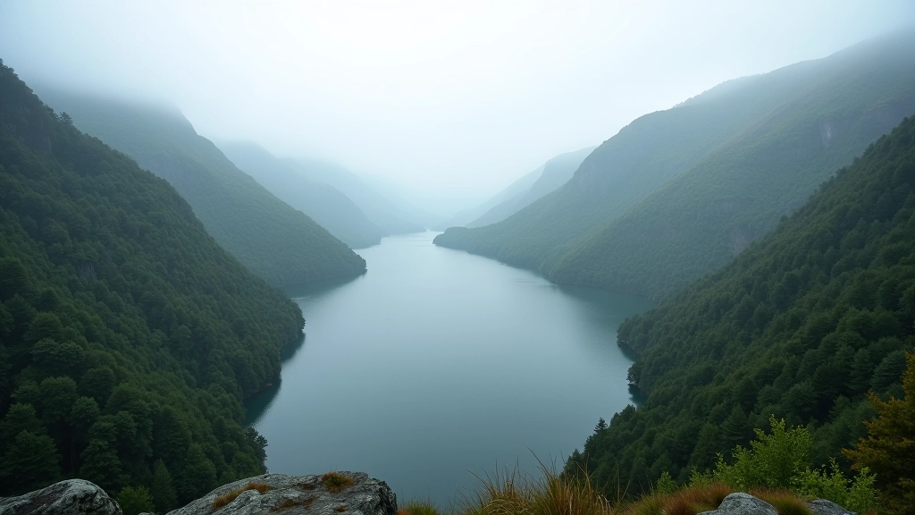 Panoramic view of Upper Lake surrounded by forested hillsides and misty valley in Glendalough, peaceful landscape