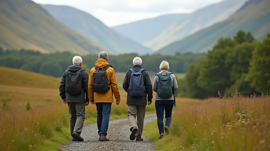 Group of retirees walking on mountain trail with valley view behind them