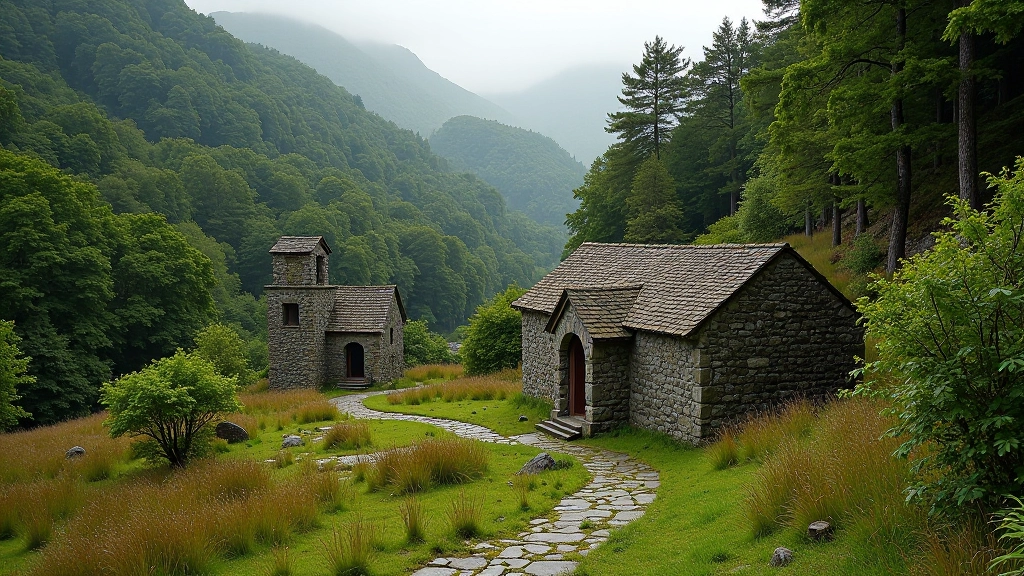 Ruins of historical mining structures integrated into natural Wicklow valley landscape with forest surroundings