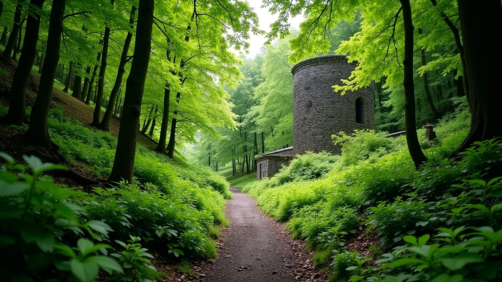 Walking trail winding through mountain forest with remnants of stone structures visible among dense vegetation and rocky terrain