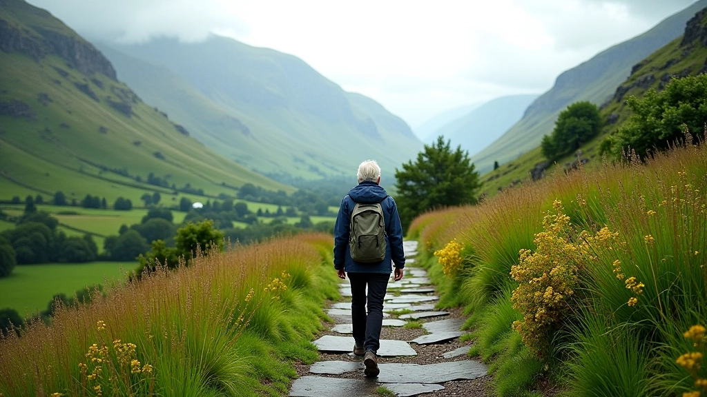 Walker on trail through Glendalough's scenic valley landscape