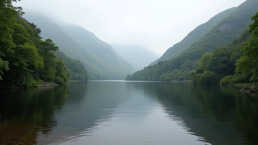 Serene upper lake at Glendalough surrounded by forested slopes and mountain landscape