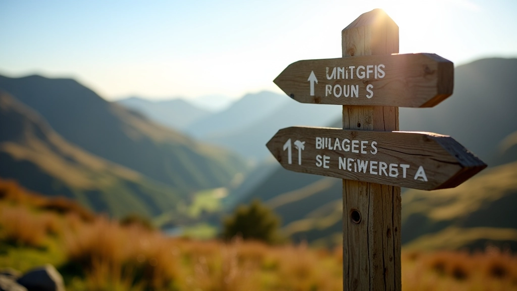 Trail signpost and map on hillside, hiking route markers, directional signs, valley views, morning light