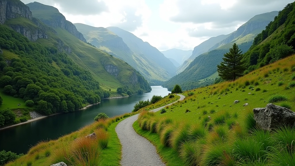 Upper Lake Trail winding through verdant Glendalough Valley with mountain backdrop and forest edges
