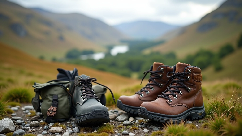 Walking boots and gear laid out on natural landscape background showing essential hiking equipment and preparation