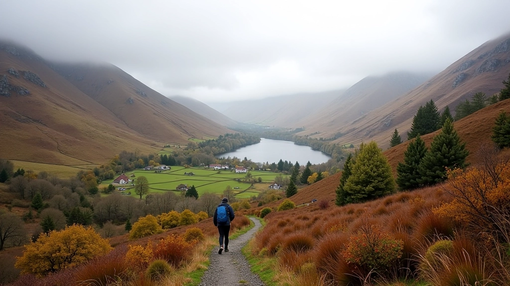 Wicklow mountains landscape with walking trails, autumn colors, misty valley, scenic vista